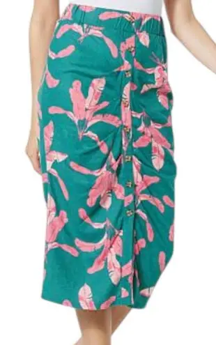 Colleen Lopez XS Skirt Green Pink Leaf Print Button Front Midi Ruched