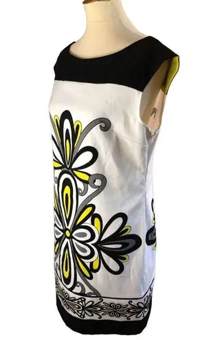 London Times  sleeveless shift dress yellow white and black geometric print size