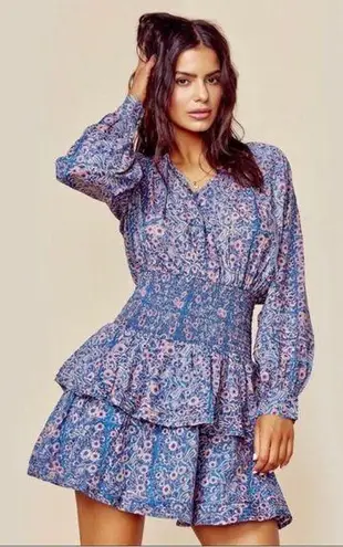 Cleobella Bianca Mini Dress Long Sleeve Floral Boho Ruffle Blue Pink Purple sz L