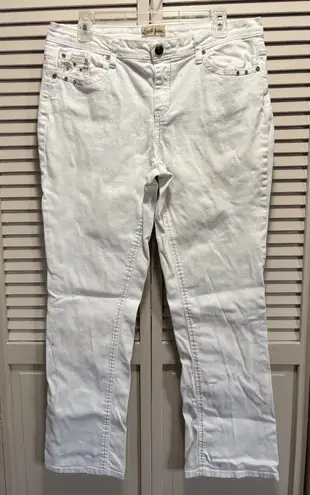 Earl Jean White Embroidered Rhinestones Denim Jeans Size 14 Straight Logo