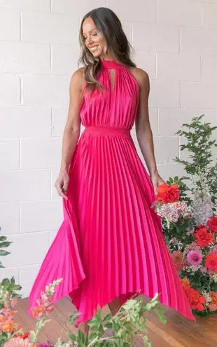 Petal and Pup  Dominique Hot Pink Satin Pleated Maxi Dress 6