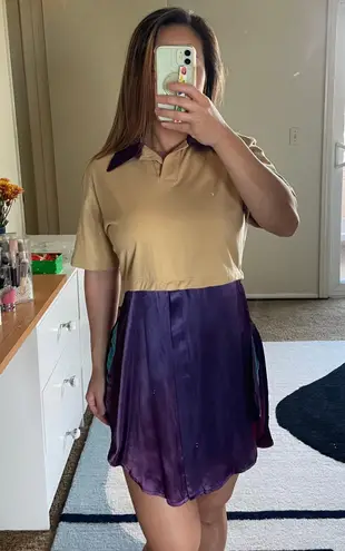 Beige cotton purple satin colorblock collared mini dress tunic size M medium Multiple