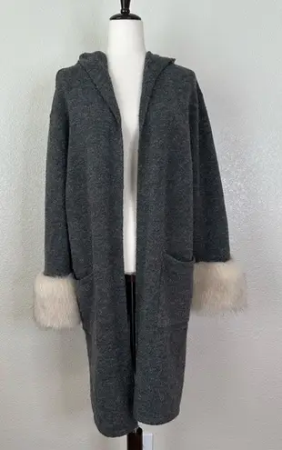 Patrizia Luca Milano Wool Blend Gray Hooded Faux Fur Cuffs Cardigan, Size XL - Image 1
