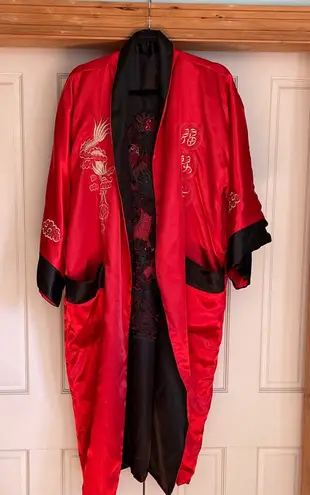 Red and Black Embroidered reversible, Kimono Robe. Free size Size L