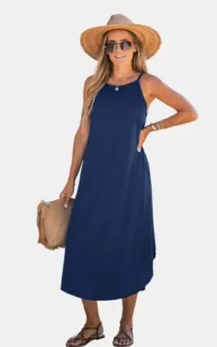 Blue Sleeveless Halter Midi Sundress