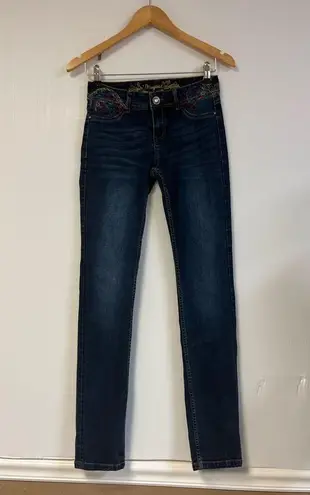 Desigual Women’s Slim Straight Jeans W25 Blue Mid-Rise Stretch Embroidered Boho