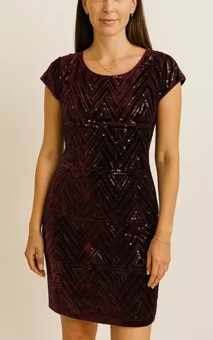 Eliza J Velvet Sequin Geometric Formal Party Cocktail Dress Burgundy Red Size 8