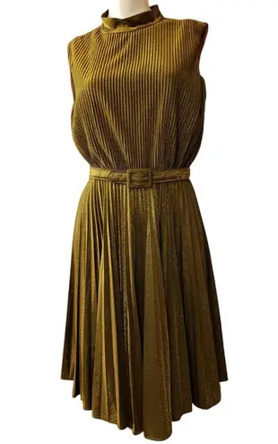 Vintage Betty Hartford glam glitter metallic gold dress with pleated skirt & removeable belt (see measurements)