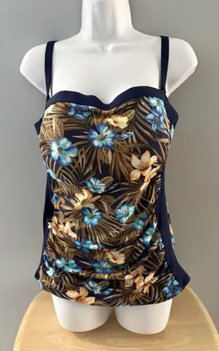 Lands End Swim Top Size 12 Blue Brown Floral Blouson Tummy Hiding Ruched Tankini