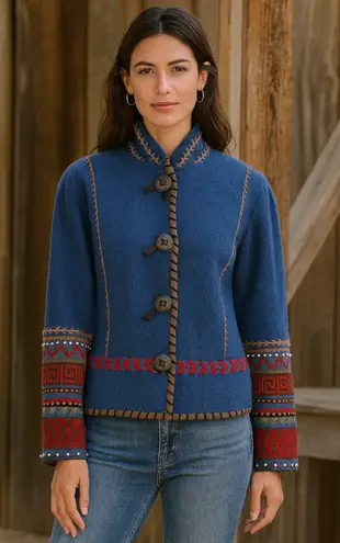 Coldwater Creek Artisan Blue Wool Western Jacket Boho Embroidered Southwestern