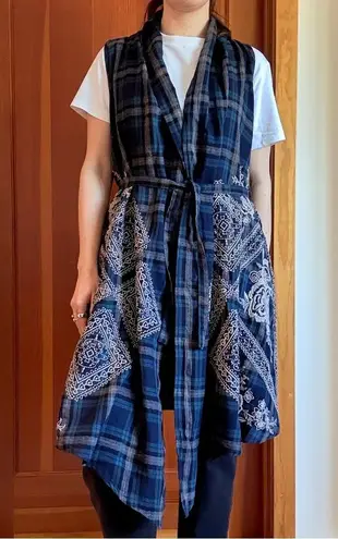 Johnny Was Dion Draped Sleeveless Vest Embroidered Plaid Open Self Tie