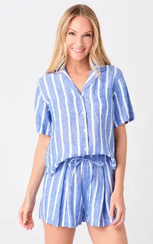 Trovata Birds of Paradis Margot Short Sleeve Camp Shirt Blue White Stripe Small