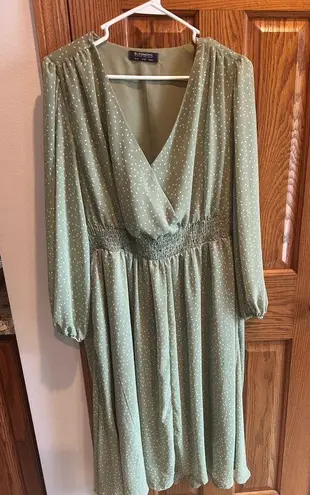 Bloomchic Wrap Shirred Waist Dress Sage Green Polka Dot Lantern Sleeve Size 12