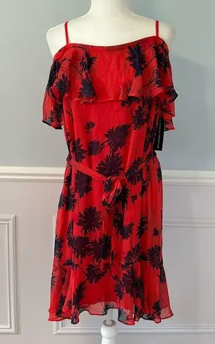 Donna Morgan NWT Belted Trapeze Dress W/Ruffle Cold Shoulder Size 14 Floral