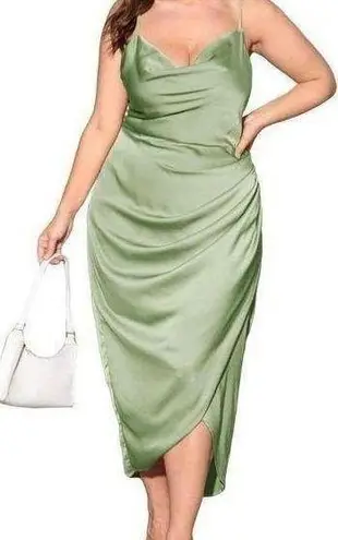 Cider NWT Wedding Guest Satin Cowl Neck Ruched Midi Dress in Green Size 3XL