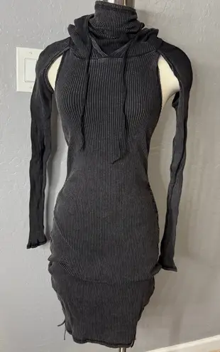 Dollskill Darker Waves Replay Ruched Mini Dress, Charcoal, L Gray Size L