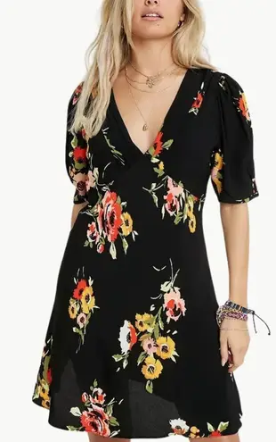Free People  Women's Neon Garden Floral V-Neck Boho Mini Dress | Sz 4 | Black