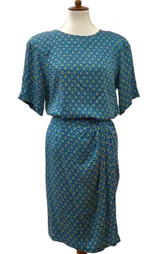 Vintage Skirt Top Set Silk Medium Petite 2 piece Cocktail Party PM 12P 80s 40s Blue