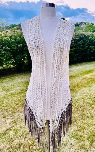 Origami Crochet & Lace Vest with Fringe, Boho Country Coachella, size S/M Tan
