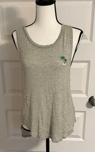 Wet Seal | Casual Striped Olive and White Striped Tank Top with Palm Tree Accent - Image 1