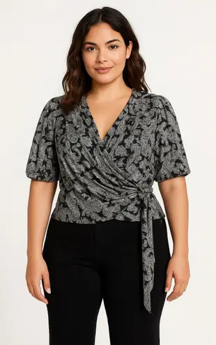 Michael Michael Kors Black & Silver Faux Wrap Blouse Women's Size Medium