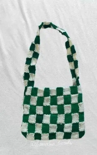 green and white checkered knit tote bag