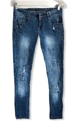 Blue Asphalt Distressed Patchwork Skinny Jeans
