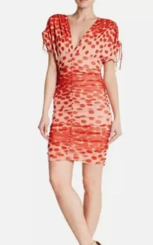 Vertigo Paris Vertigo Polka Dot Mesh Smocked Dress V-Neck Sleeveless Red Stretch Size Medium