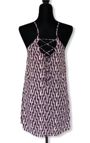 Lush Clothing Lush Chevron Print Lace Up Back Navy Cream Burgundy Sleeveless Swing Dress