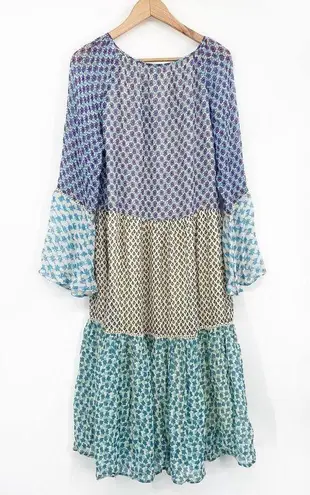 CECILIE Copenhagen Willa Tiered Midi Dress Multicolor Panels Colorblock Size M Blue Size M