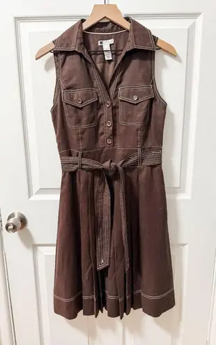 Vintage Carole little pleated brown collared contrast stitch dress linen utility Size 8