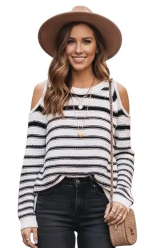 La Classe Couture Sweater Womens XS Black White Striped Cold Shoulder Pullover