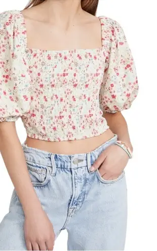 Sokie Collective Shirt Women Small Greenwich Floral Puff Sleeve Smocked Top NWT White