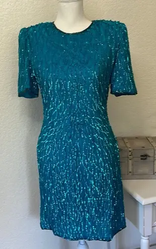 VINTAGE TEAL SEQUIN SPARKLY SHIFT DRESS. Size 6 Blue