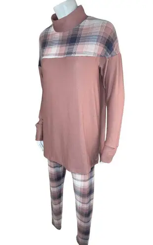 Cuddl Duds Cozy Jersey Fleece Mock Neck Printed Set Pink/Ombre Plaid Small