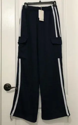 Commense Womens Side Panel Cargo Sweatpants Drawstring Long Pants Navy Large NWT Blue