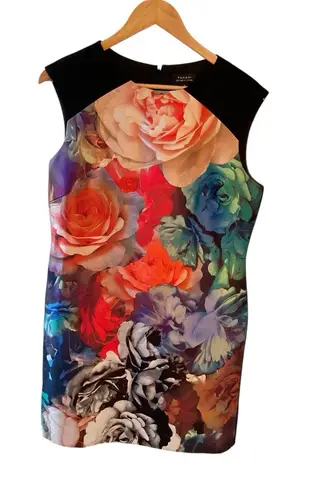 Tahari Dress Orange Red Black 10 Career Church Stretch Sheath Floral Summer