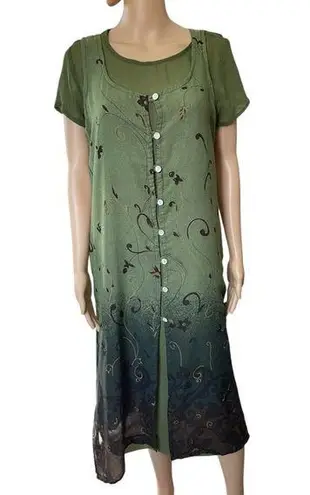 Erika Brooke Vintage 70s Earthy Hippie Witchy Floral Semi Opaque Midi Dress Set Green Size M