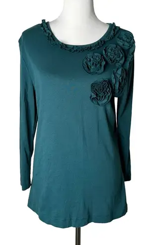 Van Heusen Floral Applique Top Womens L Green Ruffle Feminine Romantic Blouse