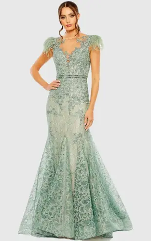 Mac Duggal 79230 Embellished Feather Cap Sleeve Illusion Neck Trumpet Gown