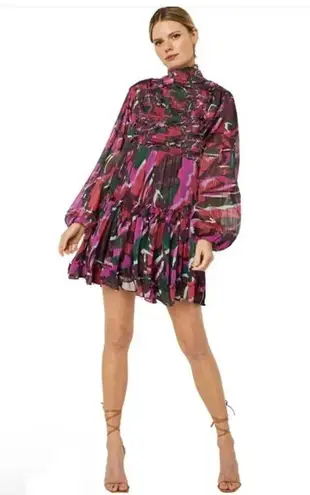 MISA Los Angeles MISA Jessa Turtleneck Smocked Print dress in Holiday Sparkle