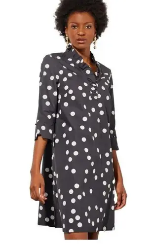 Ming Wang Above-the-Knee Shift Dress - Ruffle V-Neck Cotton Black Polkadot XXS