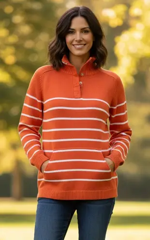 IZOD Orange & White Striped Cotton Mock Turtleneck Snap-Button Sweater Sz Medium