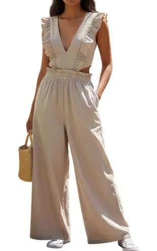 HAYDEN LOS ANGELES Ruffle Strap Wide Leg Pin Striped Cotton Jumpsuit EUC Small Tan