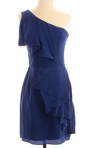 Shoshanna One Shoulder Ruffle Cocktail Dress | Navy Blue | 100% Silk | Size 2