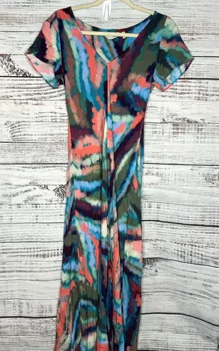 Soft Surroundings  Maxi Dress Blue Green Zina Watercolor Pullover V-Neck XS