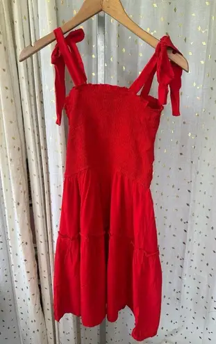 Zesica NWT Smocked Self Tie Straps Ruffle Trim Tiered Swing Mini Dress S Red