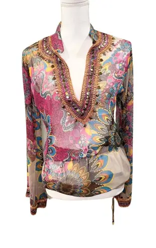New Monique Leshman Embellished Silk Boho Blouse, Small Pink