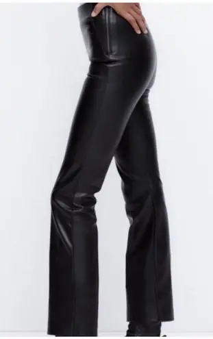 ZARA  Faux Leather Pants Size Medium Black Zipper Slit Flare Vegan Pleather