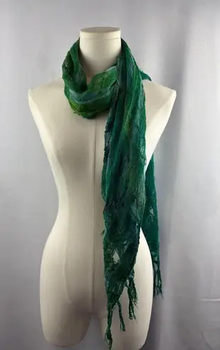 Women’s Green, Blue, & Teal Tasseled Knit & Mesh Scarf Green